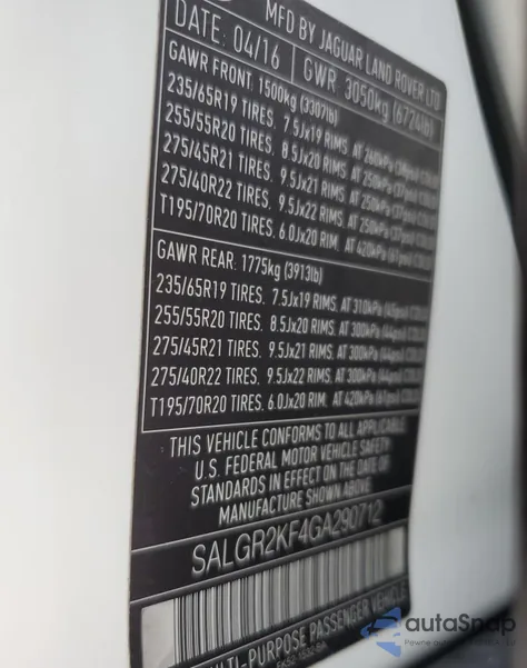 2016 Land Rover Range Rover from USA, damaged, VIN SALGR2KF4GA290712